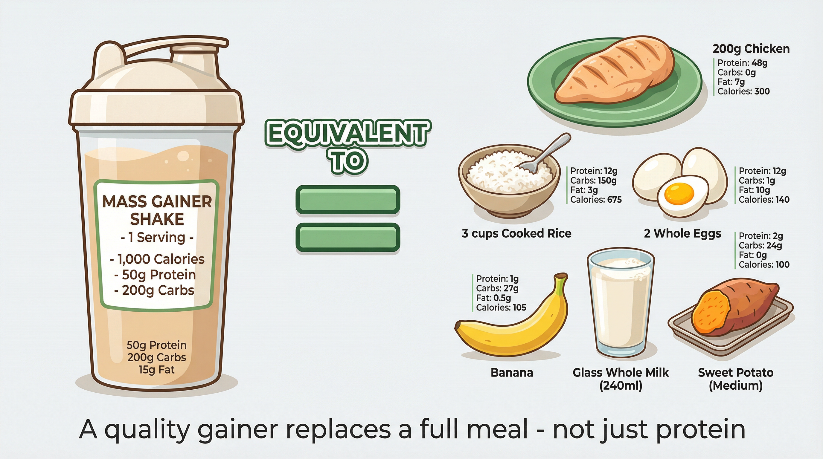 Infographic comparing a mass gainer shake to its equivalent in whole foods including chicken, rice, eggs, banana, milk and sweet potato