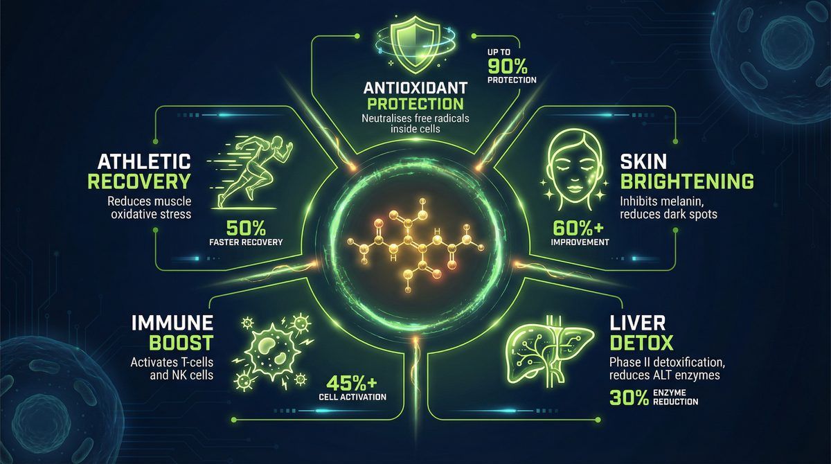Glutathione benefits: antioxidant protection, skin brightening, liver detox, immune boost, athletic recovery