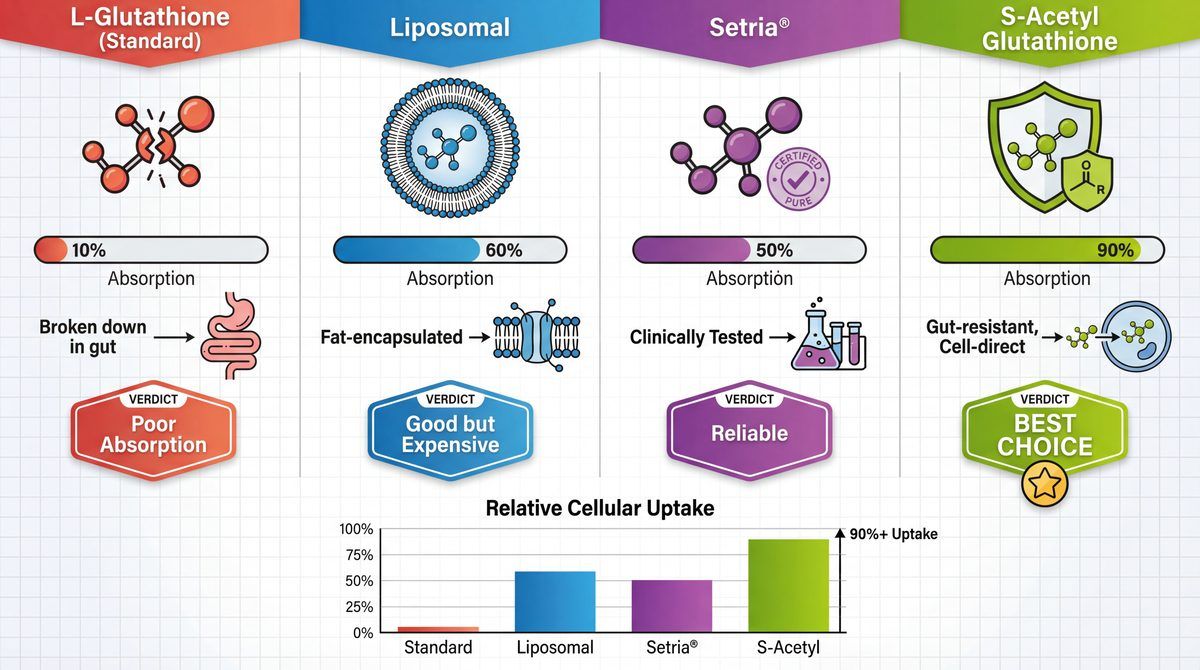 Comparison of 4 glutathione types: L-Glutathione, Liposomal, Setria, S-Acetyl Glutathione absorption rates