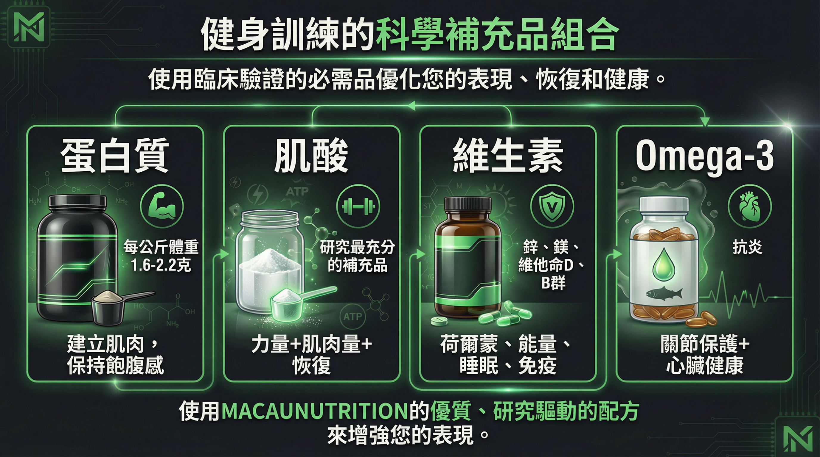 健身訓練的科學補充品組合 - 蛋白質、肌酸、維生素、Omega-3